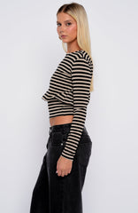 Catch My Heart Cinched Waist Long Sleeve Top Toffee/Black Stripe