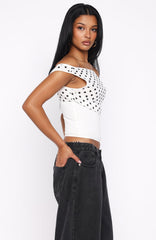 Cherry Charm Cinched Waist Top White Polka Dot