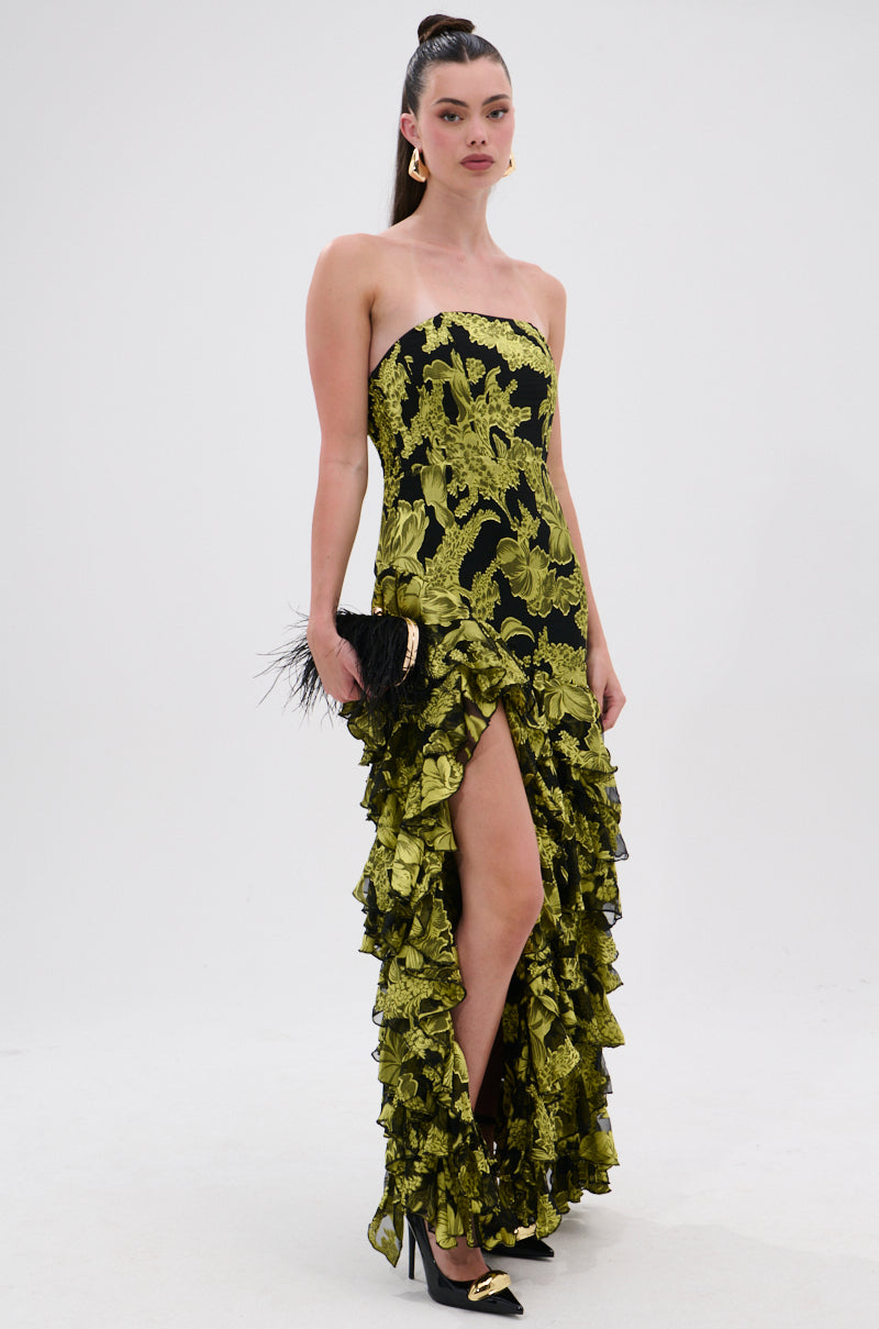 STOLE THE SHOW SATIN RUFFLE MAXI DRESS