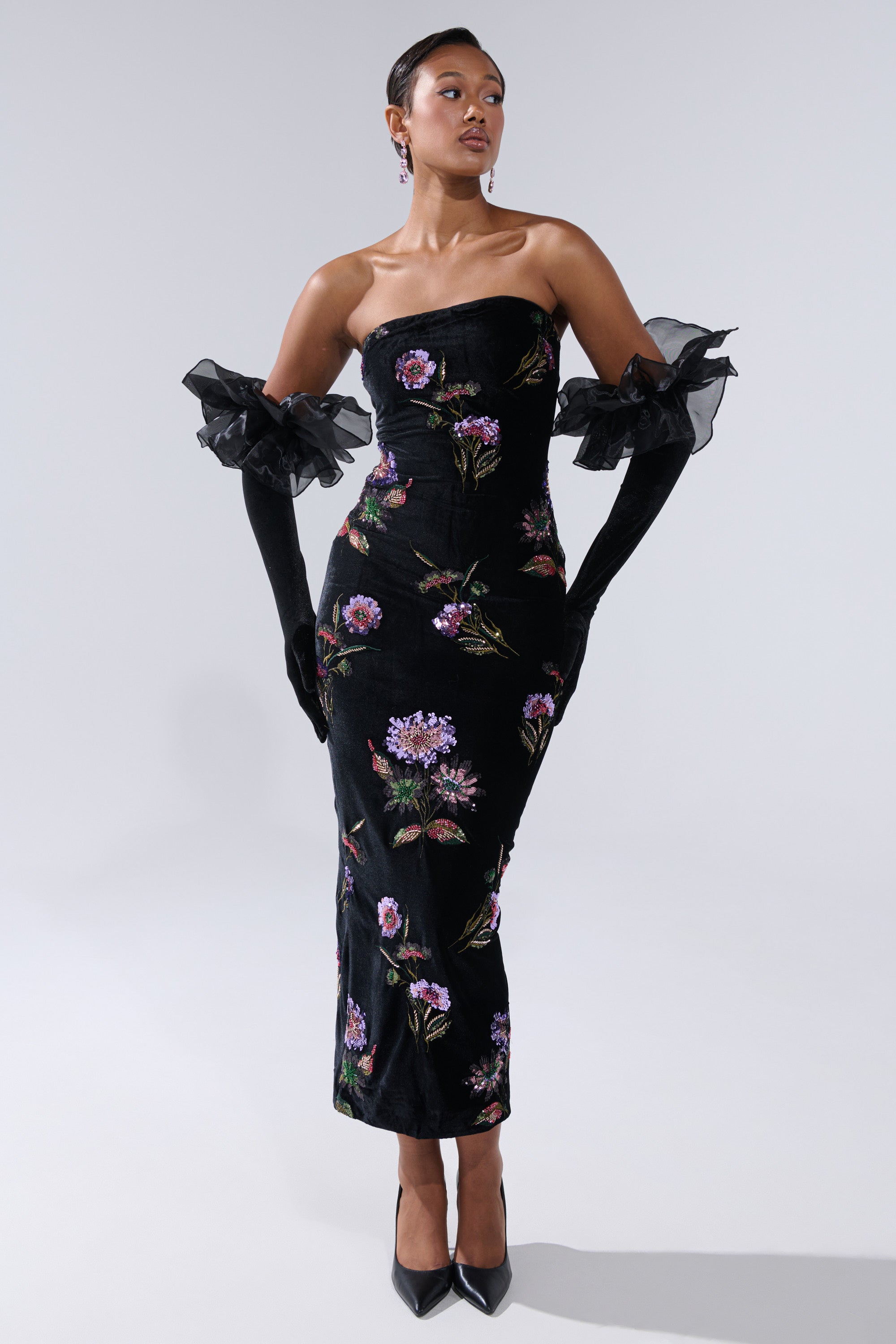 LUNA BEADED FLORAL VELVET MIDI DRESS