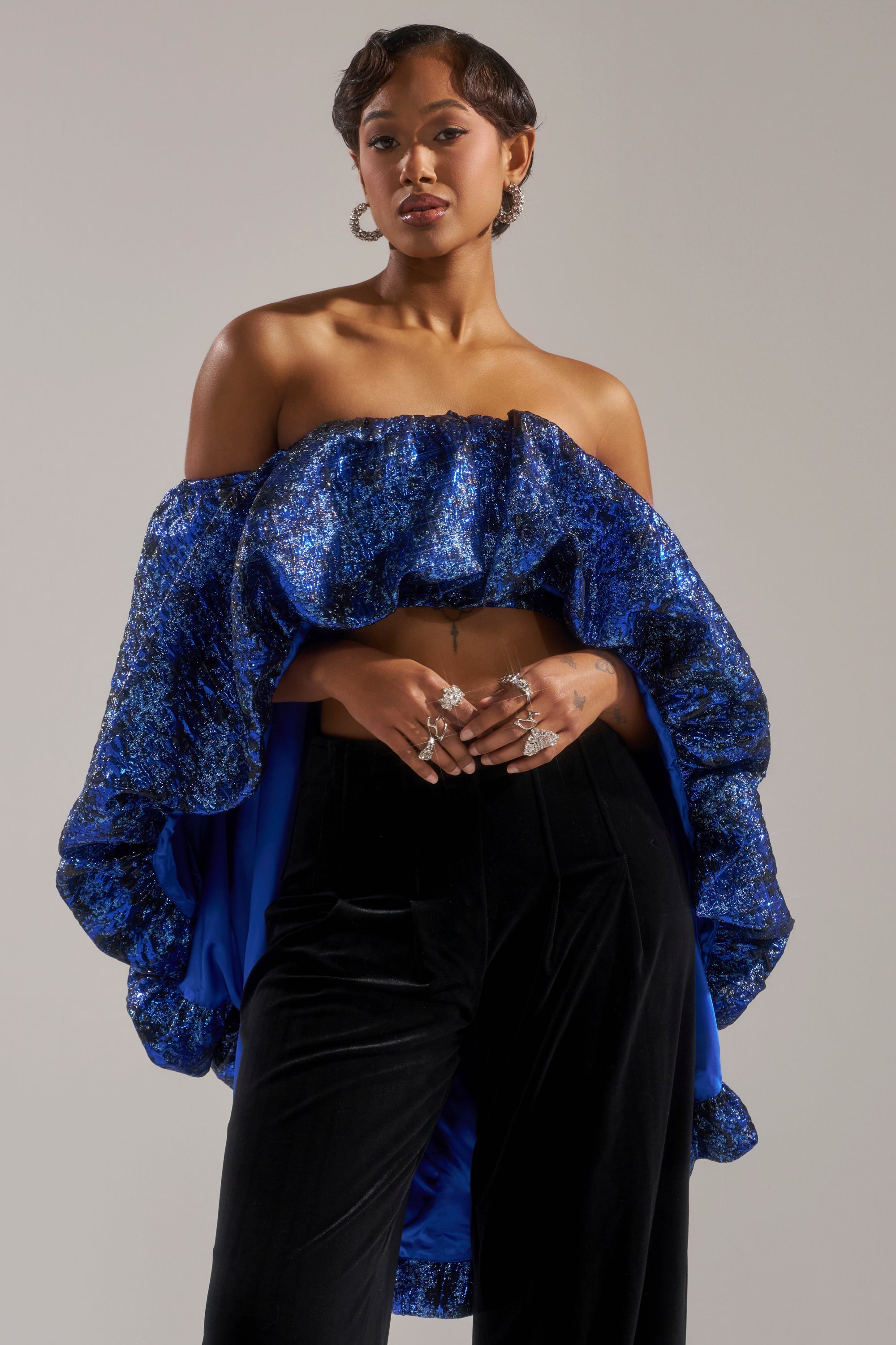 MELANI OFF THE SHOULDER HI-LOW BROCADE BLOUSE