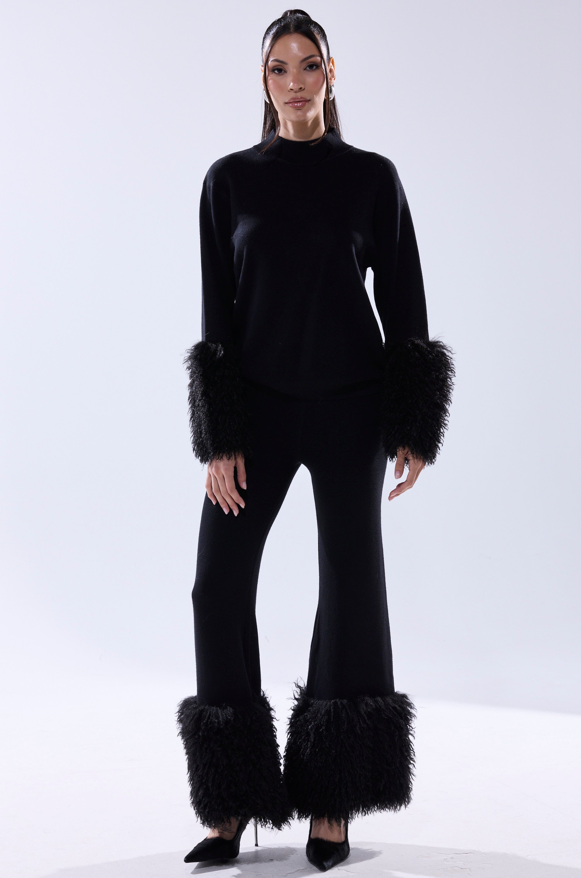 COZY VIBES SWEATER PANT WITH FUR CUFF IN BLACK
