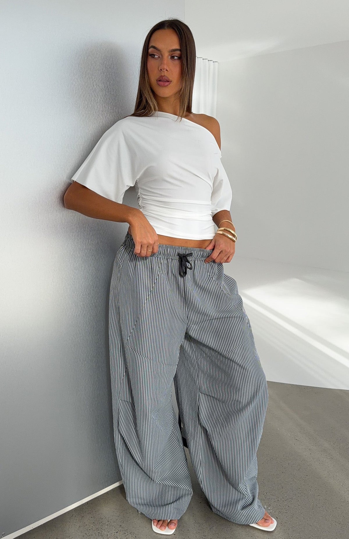 Say When Barrel Leg Pants Charcoal Stripe