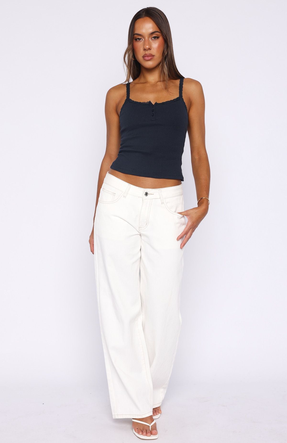 Holding On To You Lace Trim Top Navy