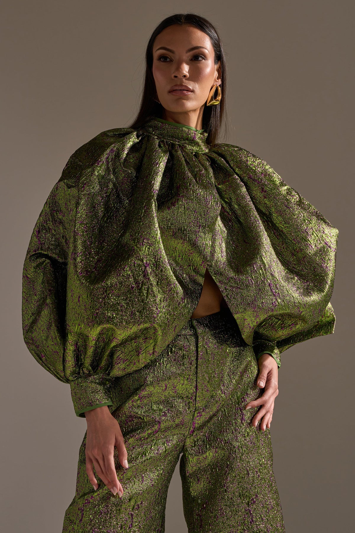 LAYLA BROCADE PUFF SLEEVE MOCK NECK TOP