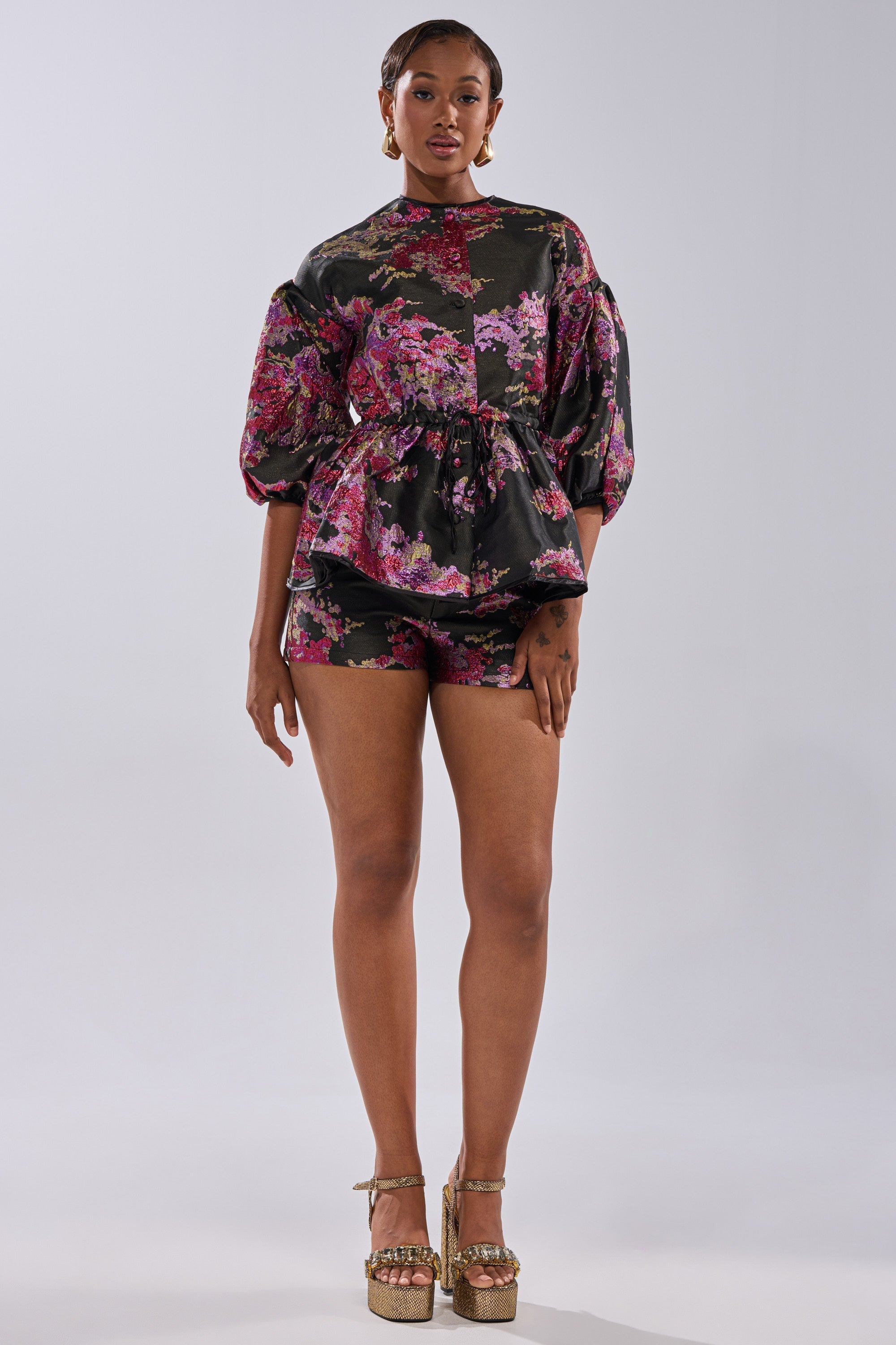 ETHEREAL BROCADE SHORT SLEEVE BLOUSE IN PINK