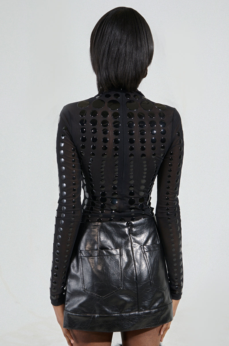 NOT MY FAULT LONG SLEEVE MESH BODYSUIT