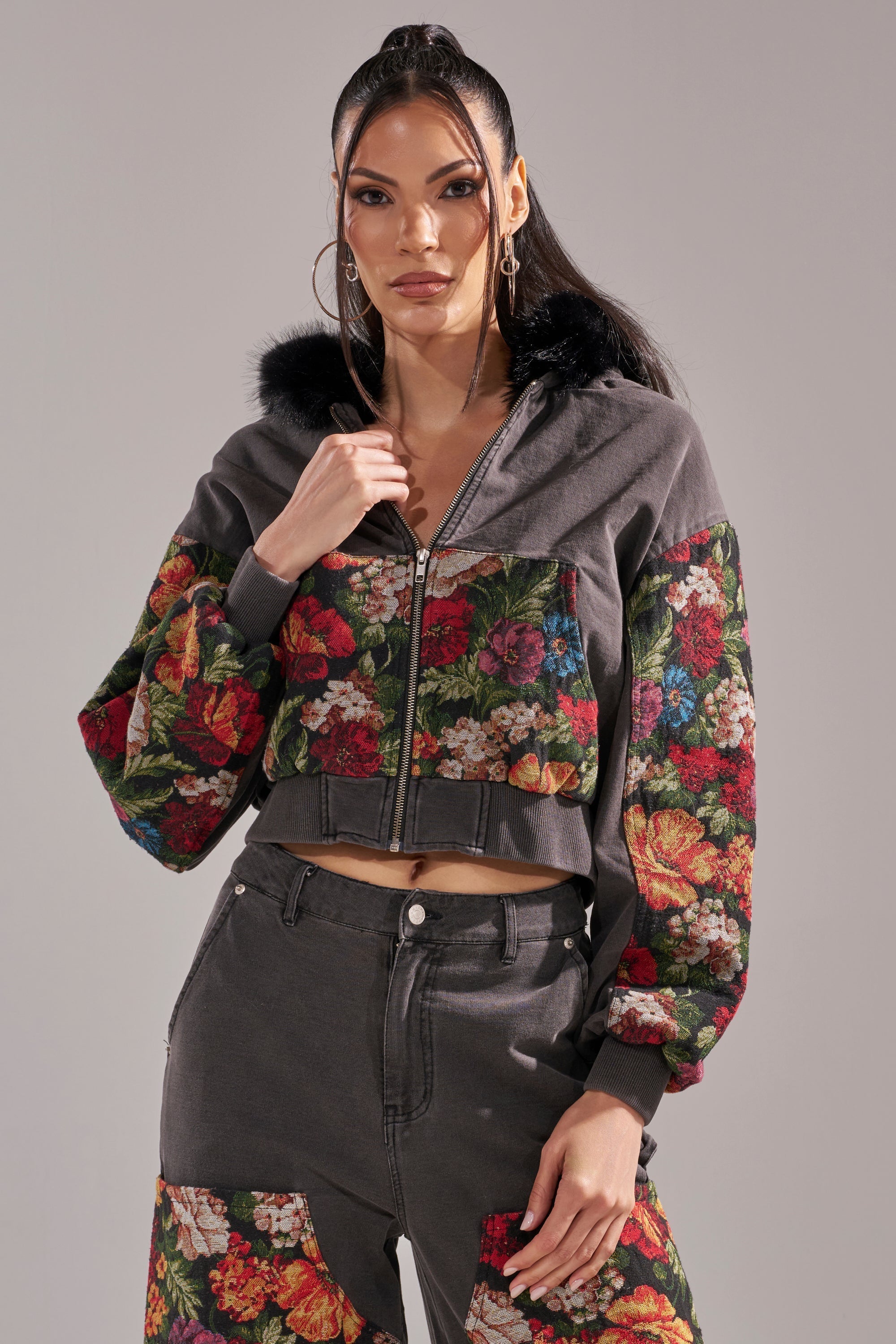 TRY ME FLORAL DENIM ZIP UP SWEATSHIRT