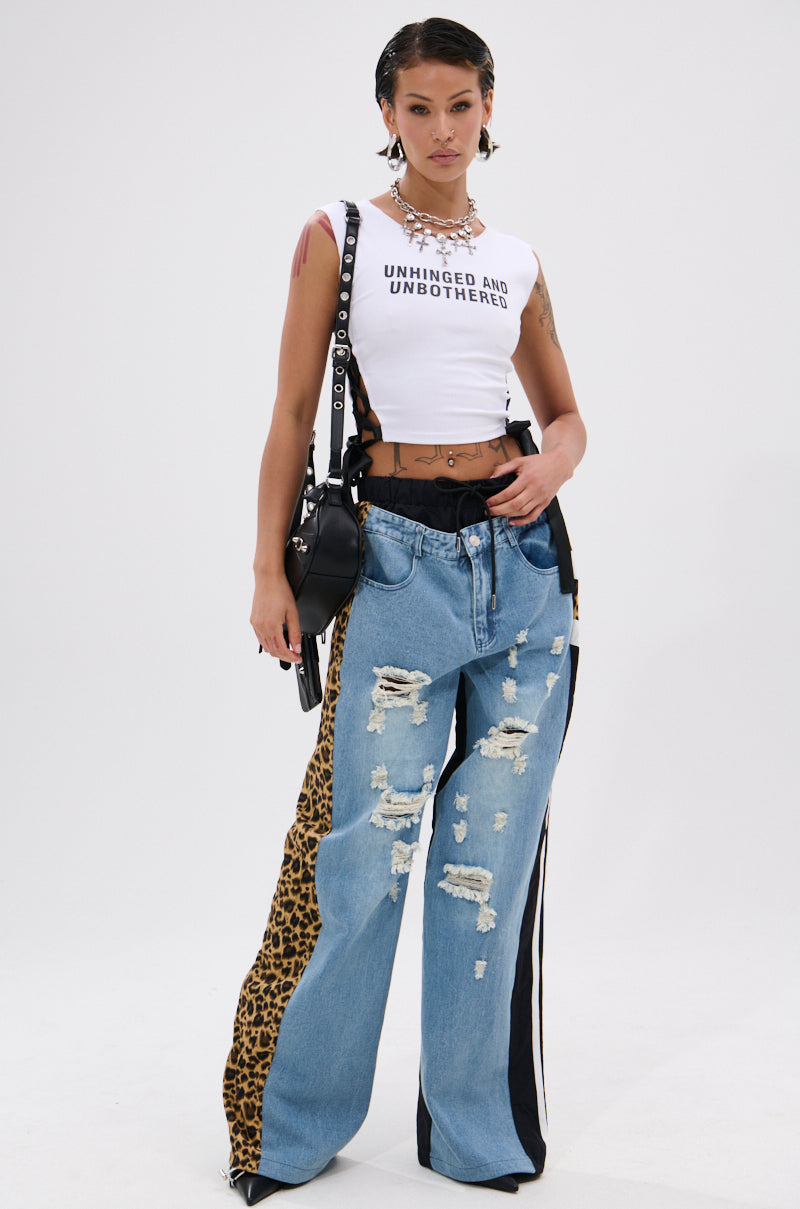 UNHINGED AND UNBOTHERED SIDE LACE CROPPED TEE
