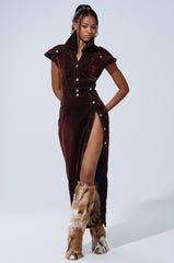 CHELSEA BUTTON DOWN MAXI DRESS IN VELVET DENIM