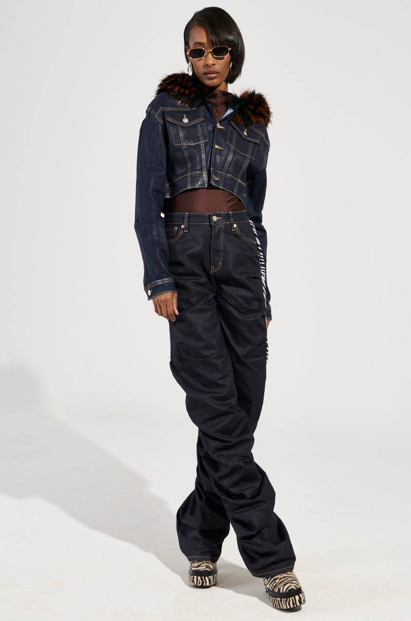 SITTING PRETTY FUR TRIM COATED DENIM JACKET