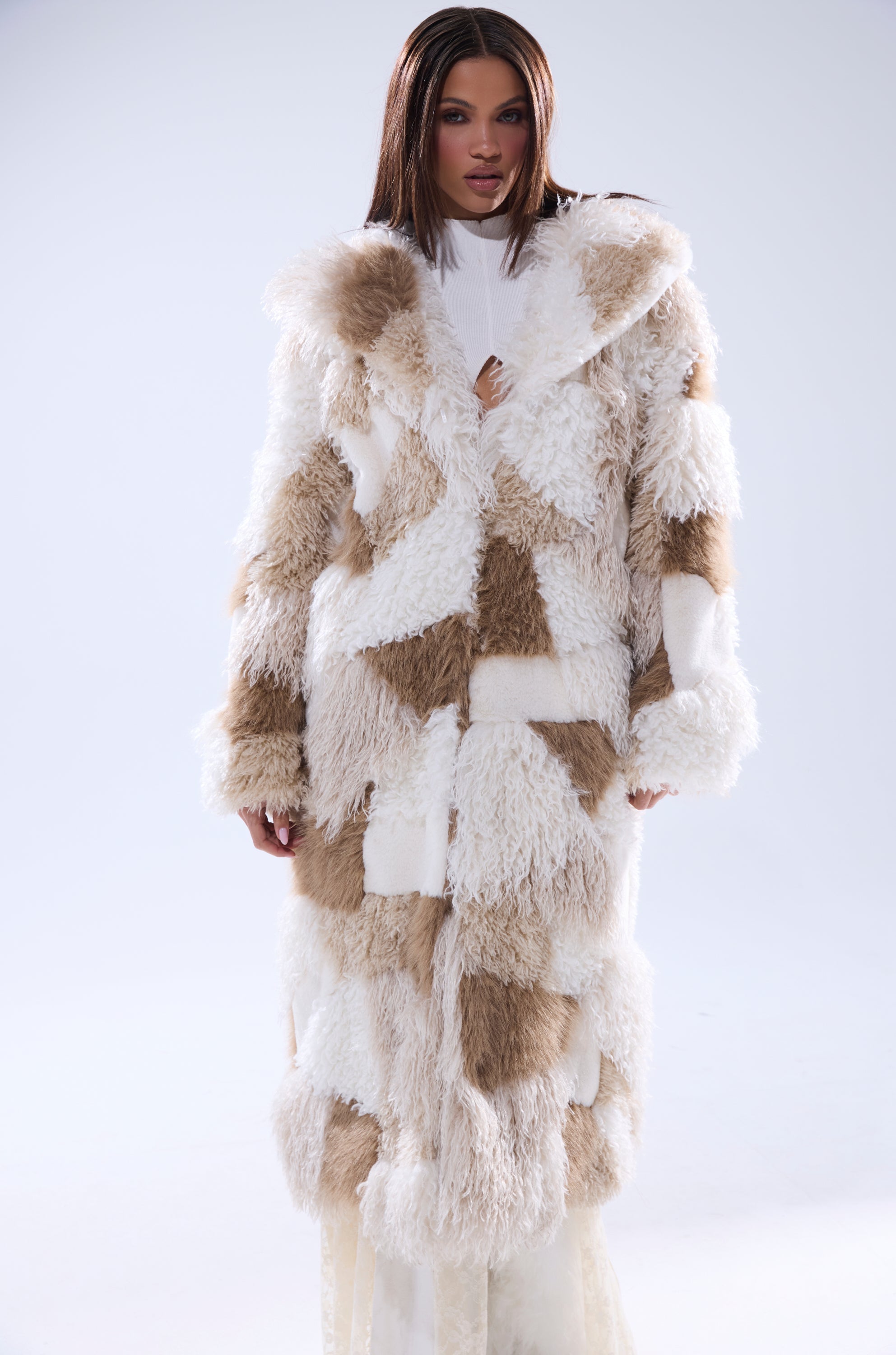 IN MY FEELS PATCHWORK FAUX FUR COAT