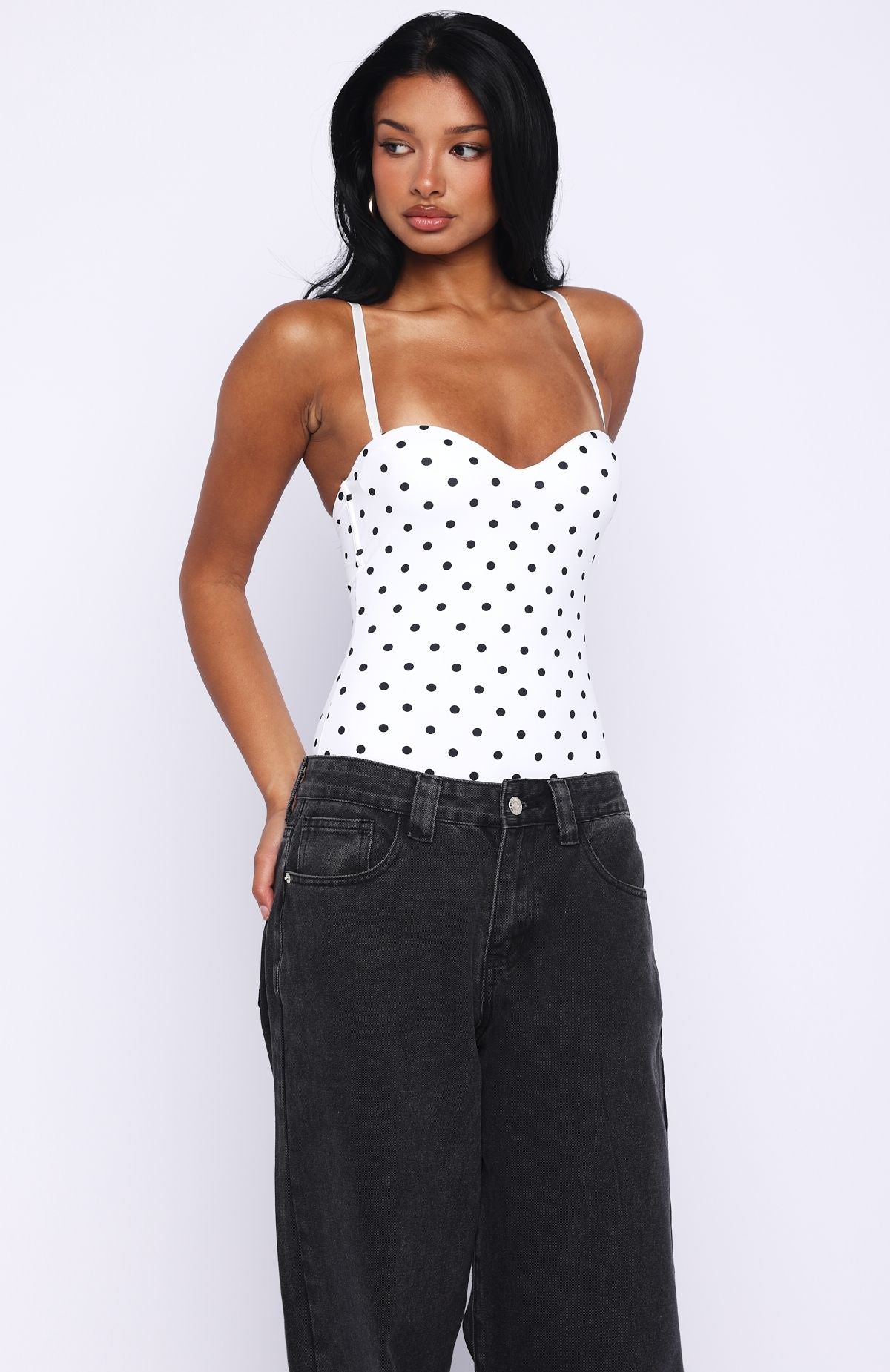 Stuck To You Bodysuit White/Black Polka Dot