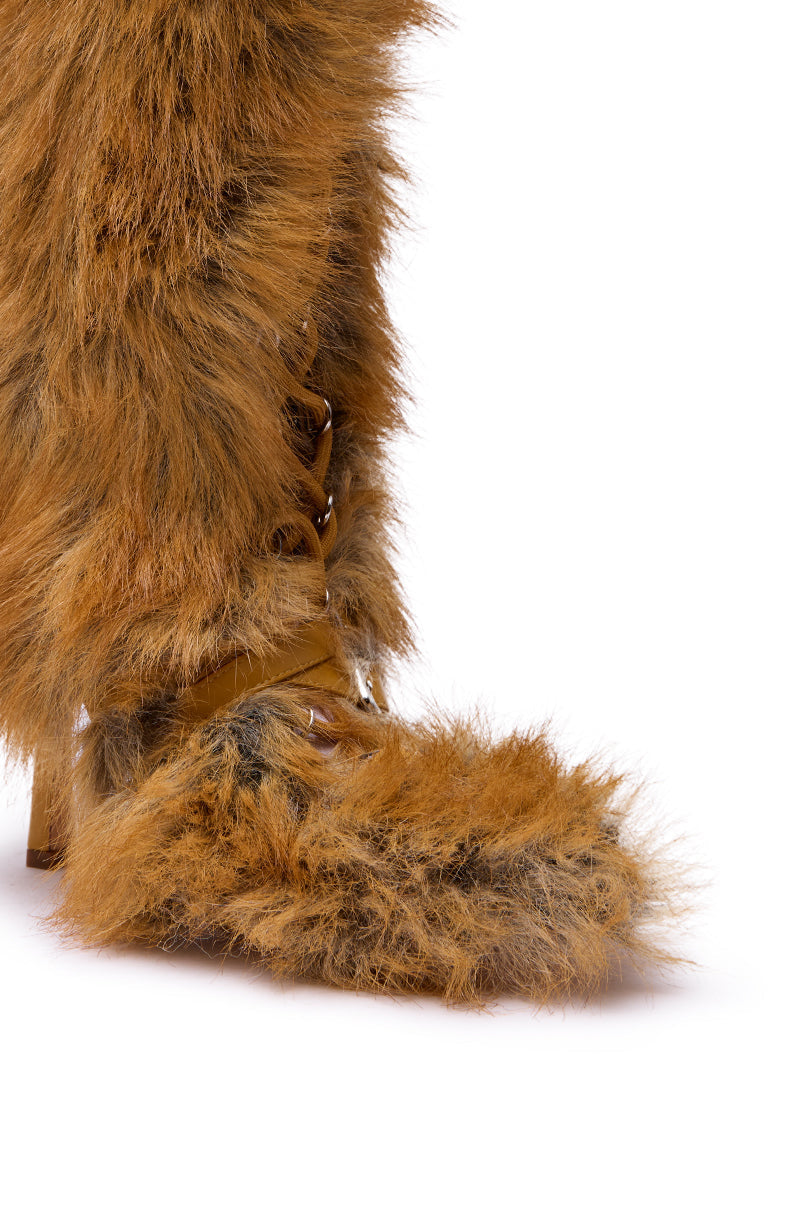 AZALEA WANG LOURDANNE TAN FUR LACE UP STILETTO BOOT