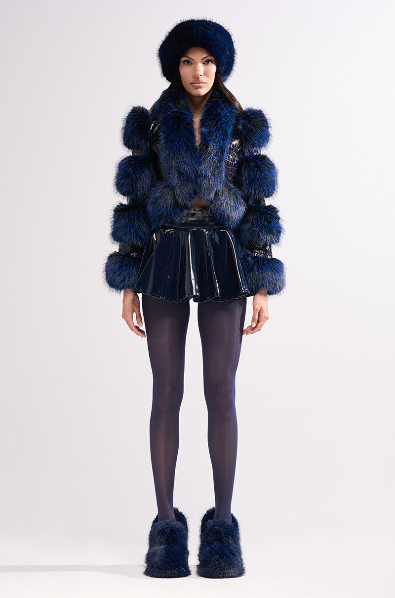 LOVERBOY FUR TRIM MOTO IN NAVY CROC