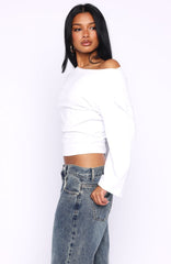 Falling For Him Cinched Waist Off Shoulder Long Sleeve Top White