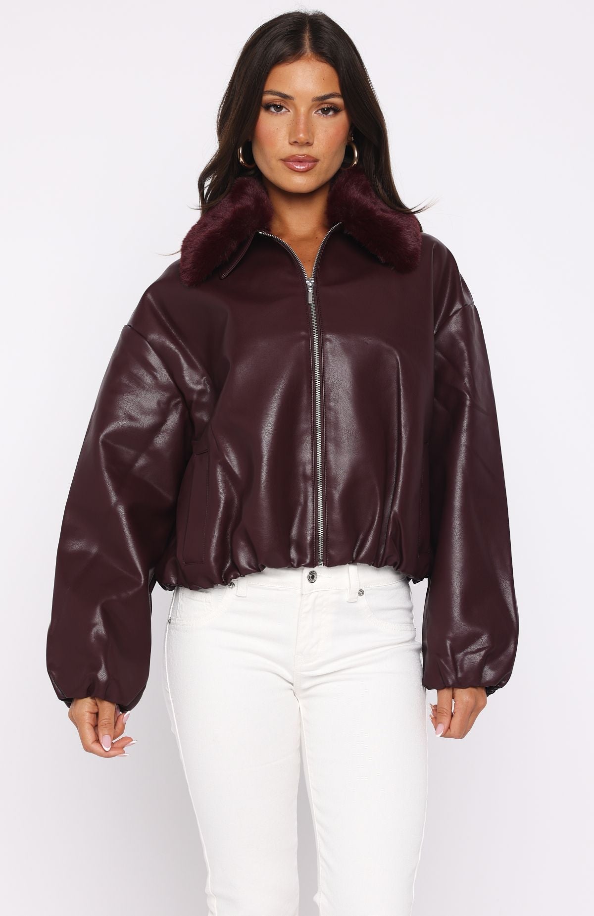 No Competition PU Bomber Jacket Burgundy