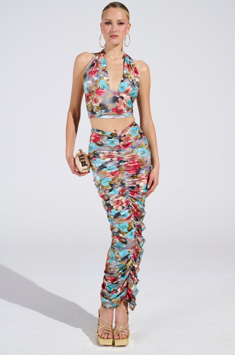 BURNT OUT CRUSHED VELVET FLORAL HALTER TOP