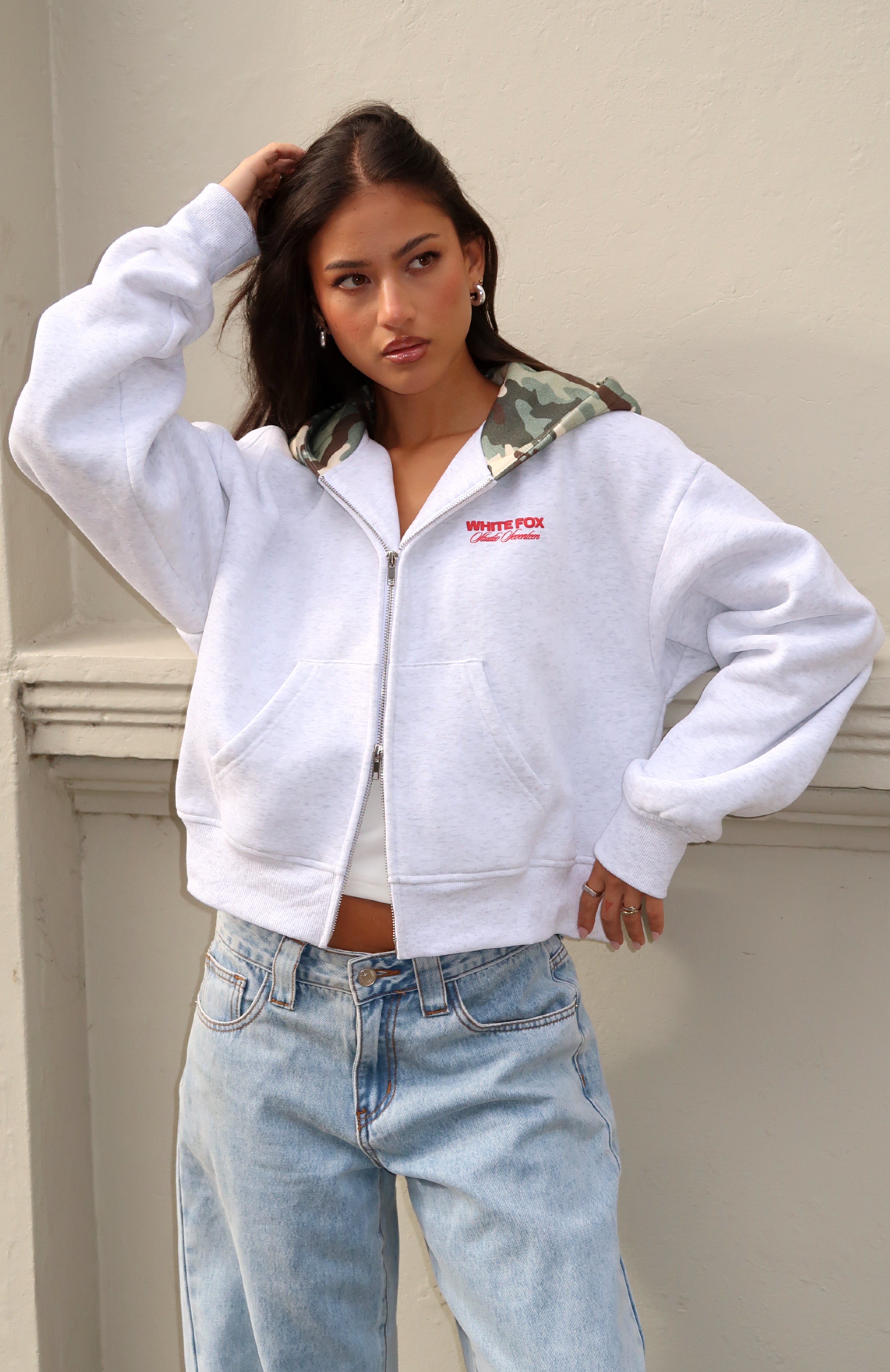 Studio 17 Winona Boxy Zip Front Hoodie Grey Marle