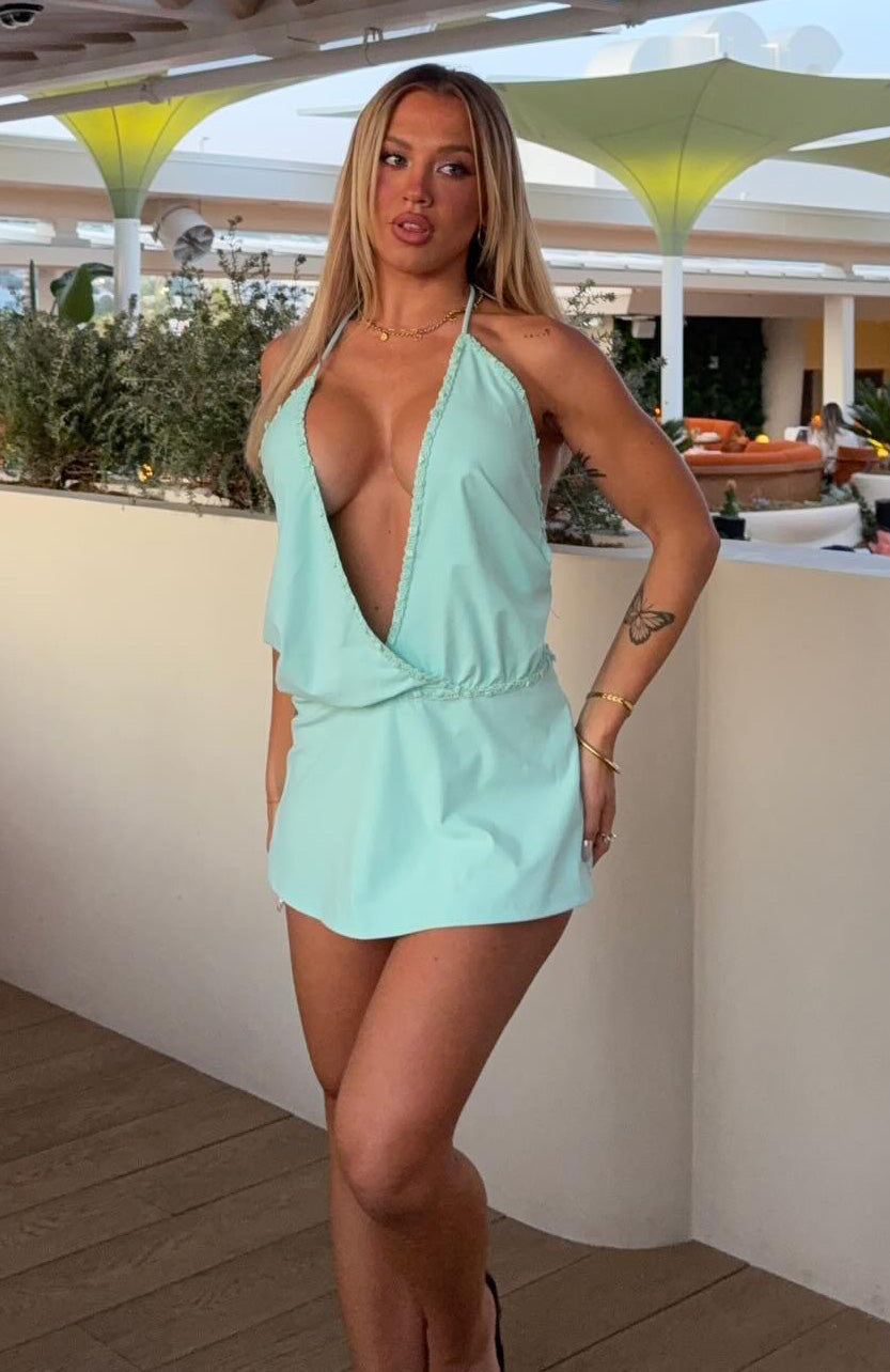 Sweet Cheeks Halter Mini Dress Turquoise