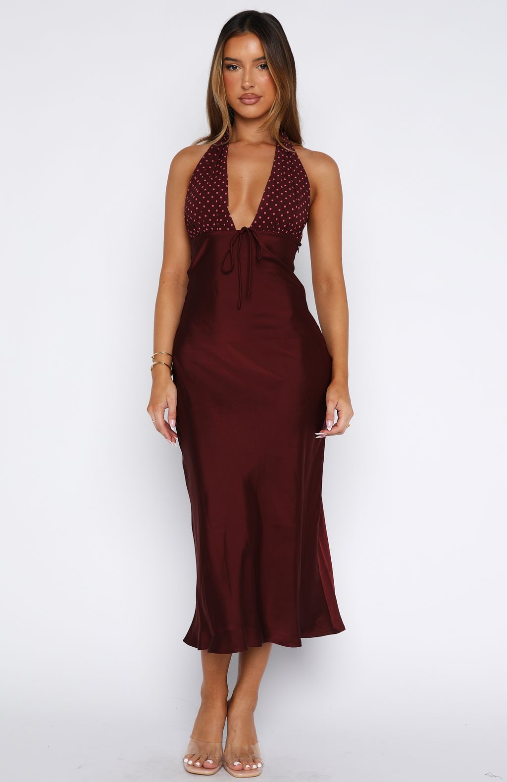 Guess You Miss Me Halter Midi Dress Burgundy/Pink Dot