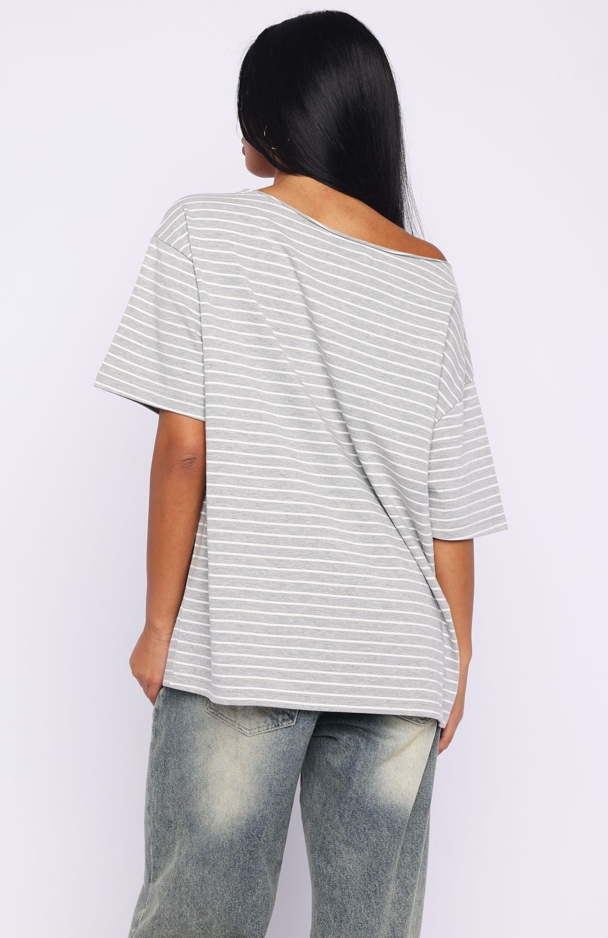 Give Me Options Off Shoulder Tee Grey/White Stripe