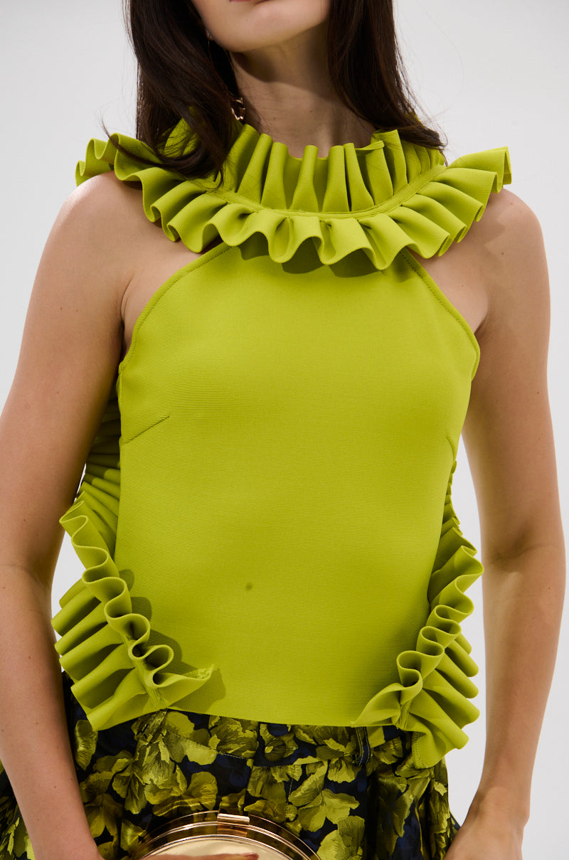 BAROQUE MOCK NECK TOP IN CHARTREUSE