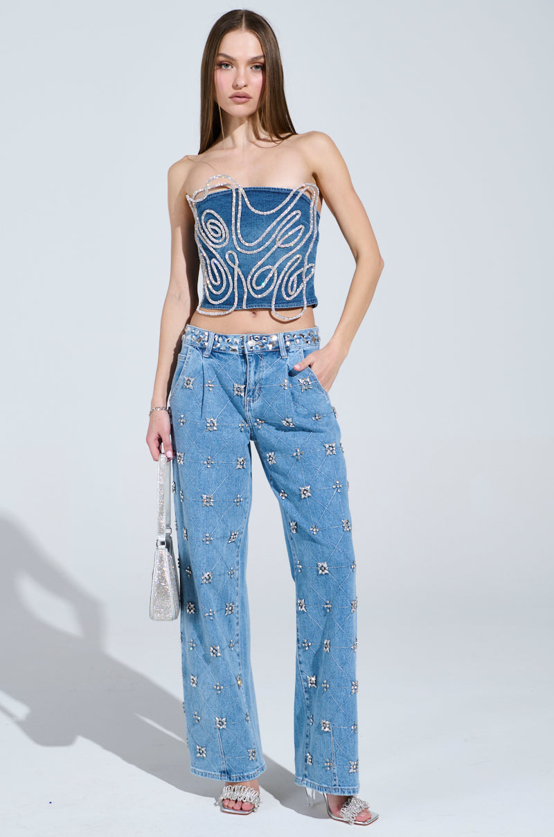 WOBBLY RHINESTONE DENIM CORSET TOP