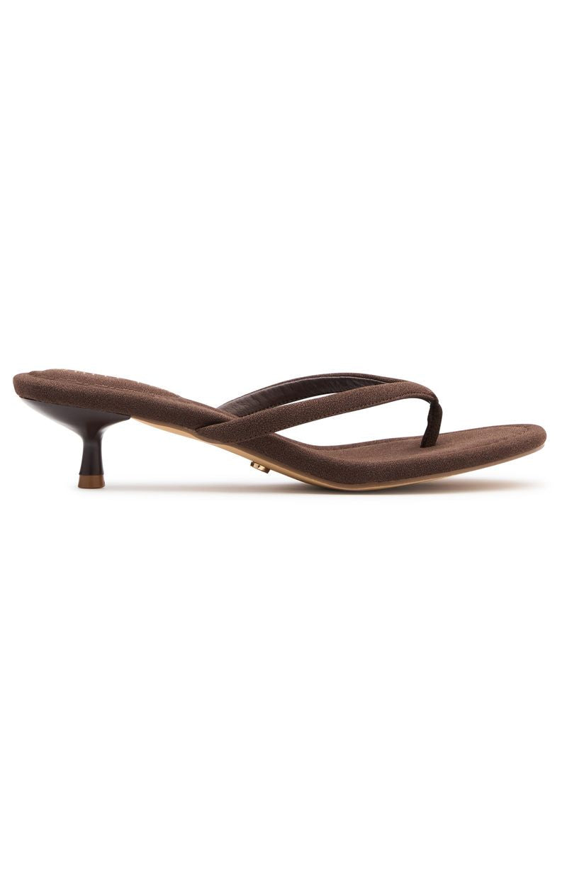 Orion Thong Kitten Mules Chocolate Faux Suede