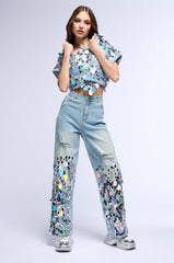 A GIRL NAMED LUCKY EMBELLISHED WIDE LEG RIPPED JEANS
