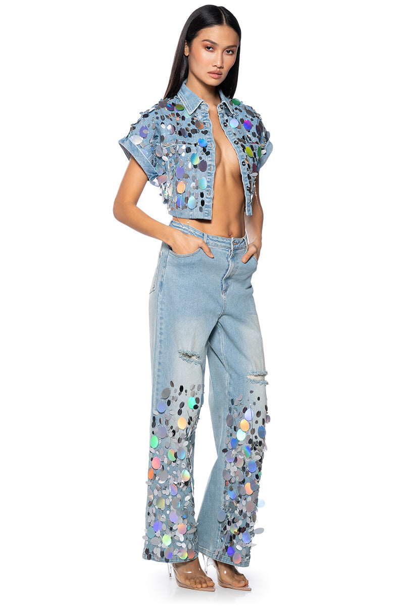 A GIRL NAMED LUCKY EMBELLISHED WIDE LEG RIPPED JEANS