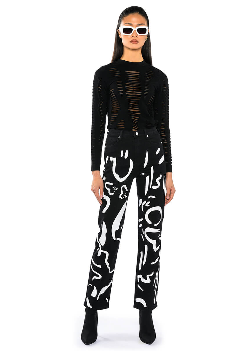ABSTRACT PAINTED HIGH WAISTED WIDE LEG JEAN