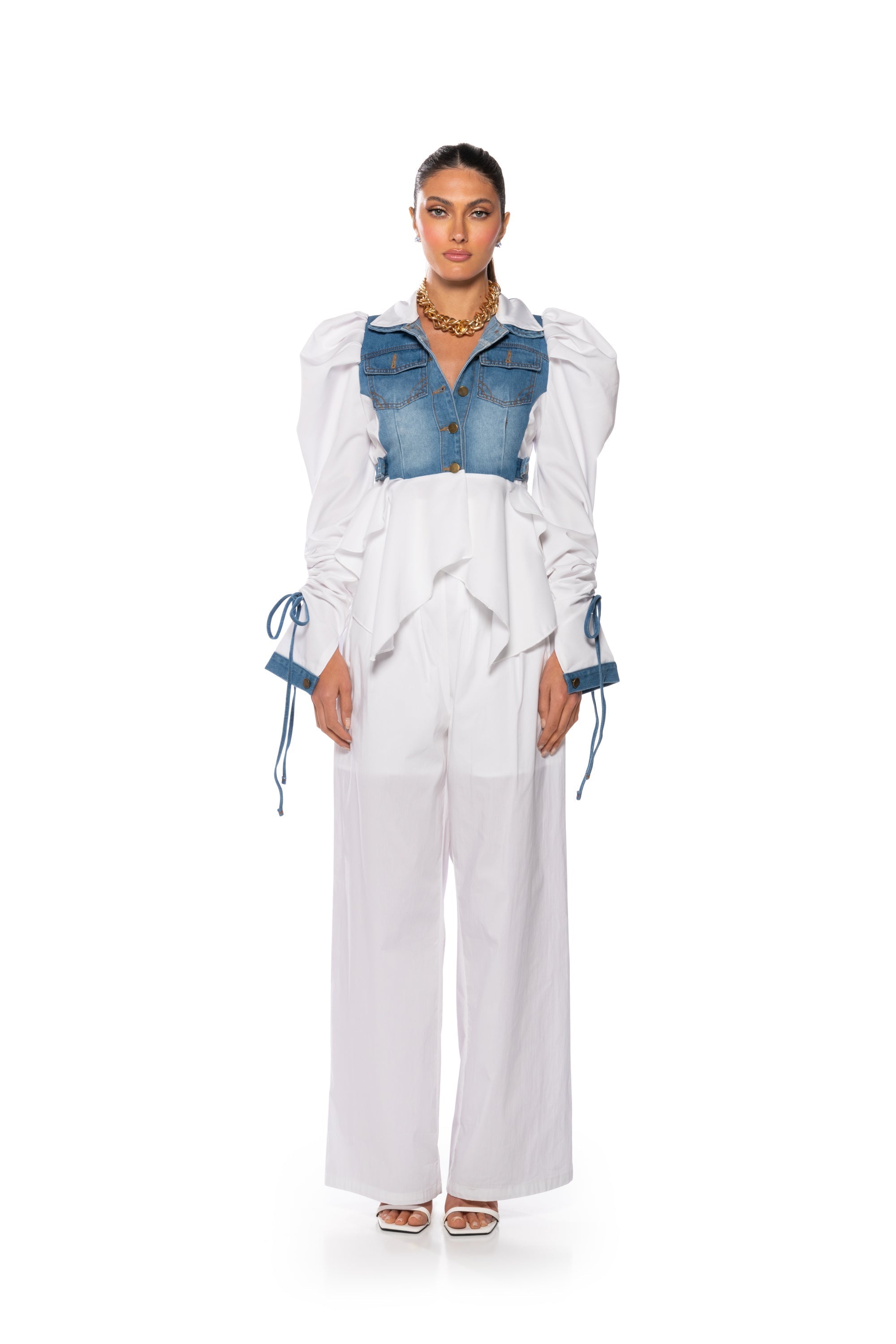 HER DENIM TOP WITH SATIN CONTRAST