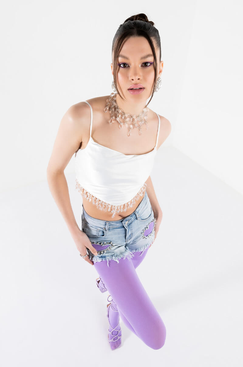 ANGEL BABE BEADED TRIM COWL NECK TANK