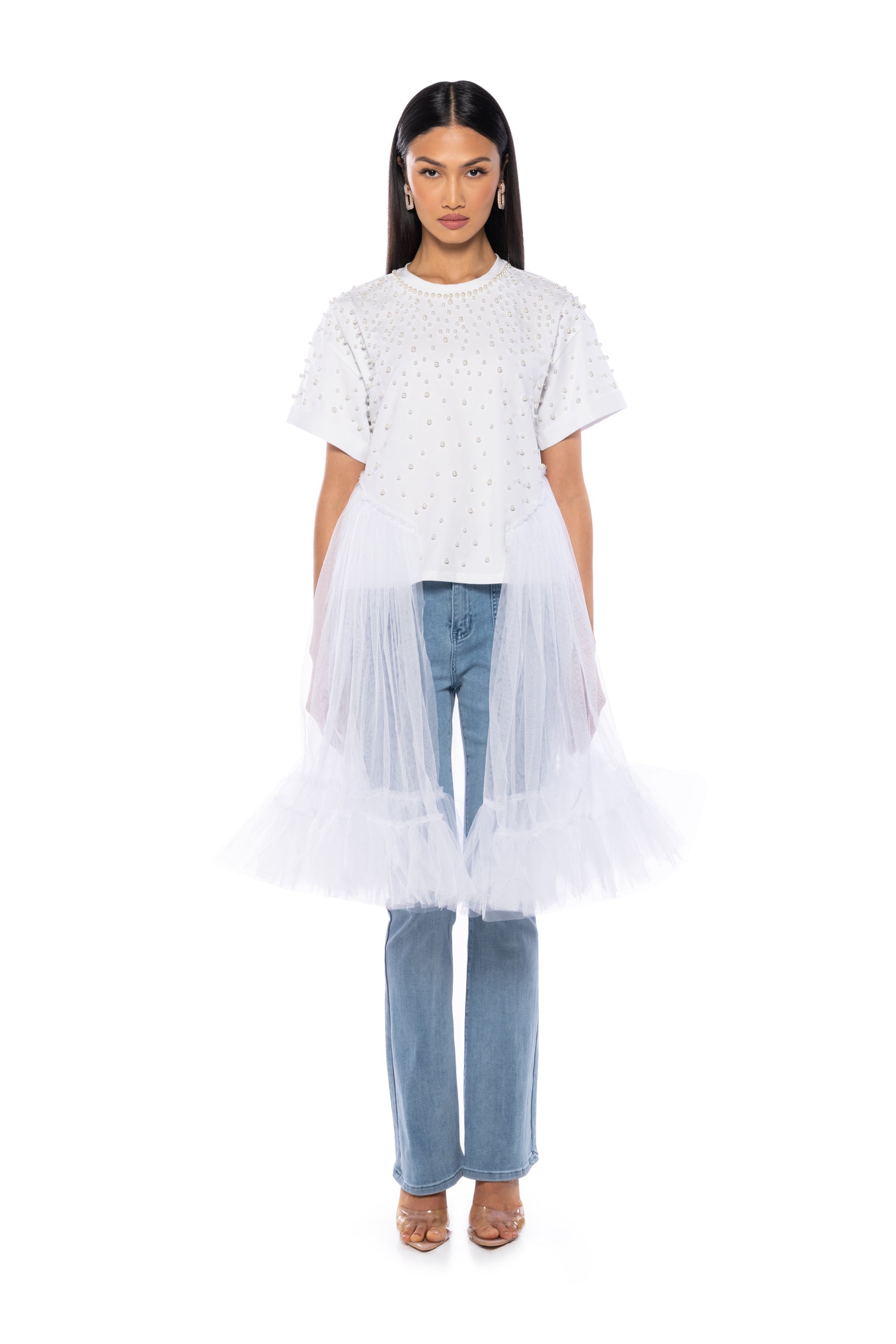 ANOTHER DREAMER EMBELLISHED TULLE T SHIRT IN WHITE