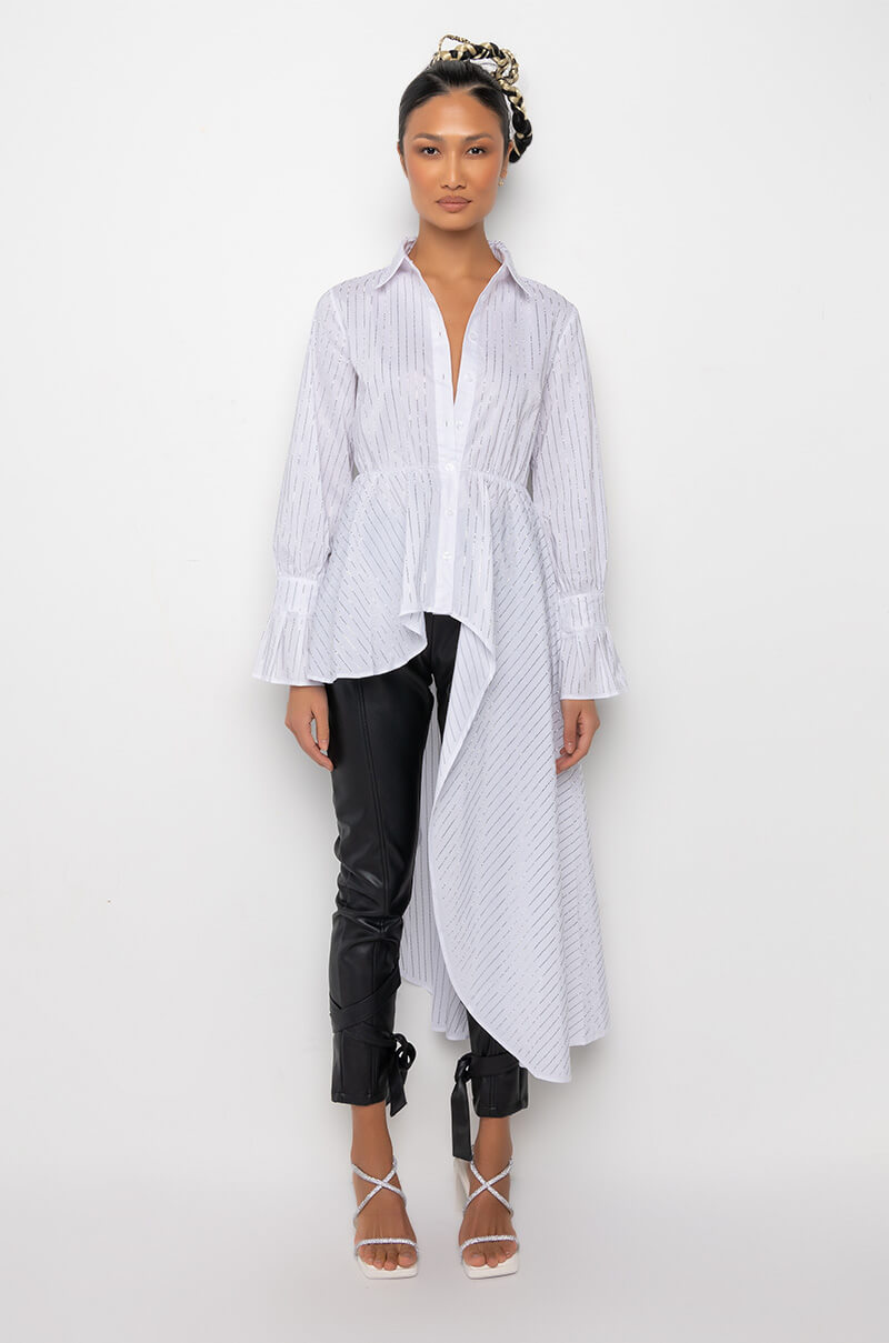 TAYLOR ASYMMETRICAL POPLIN RHINESTONE BUTTON DOWN BLOUSE
