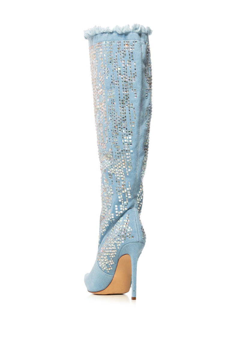 AZALEA WANG CARSYN DISTRESSED DENIM BOOT WITH GEM EMBELLISHMENT