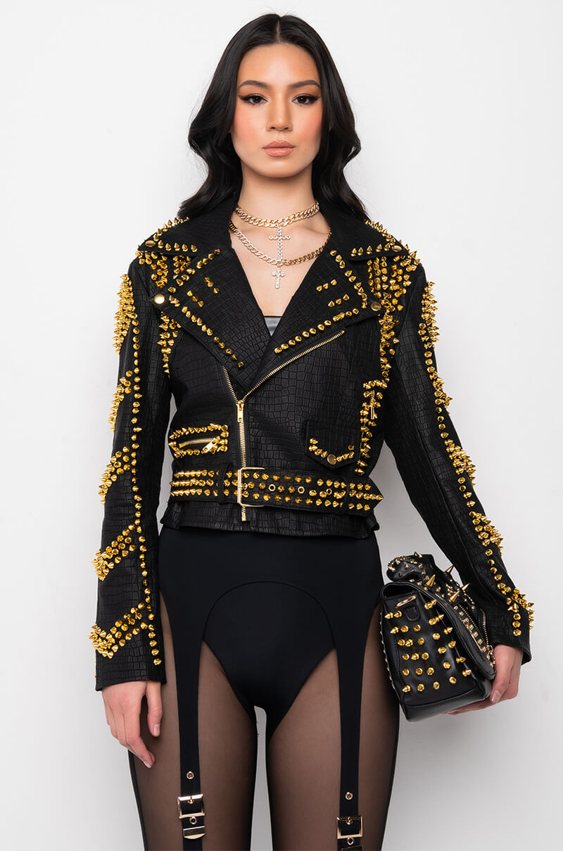 SOFI GOLD STUD CROC MOTO JACKET
