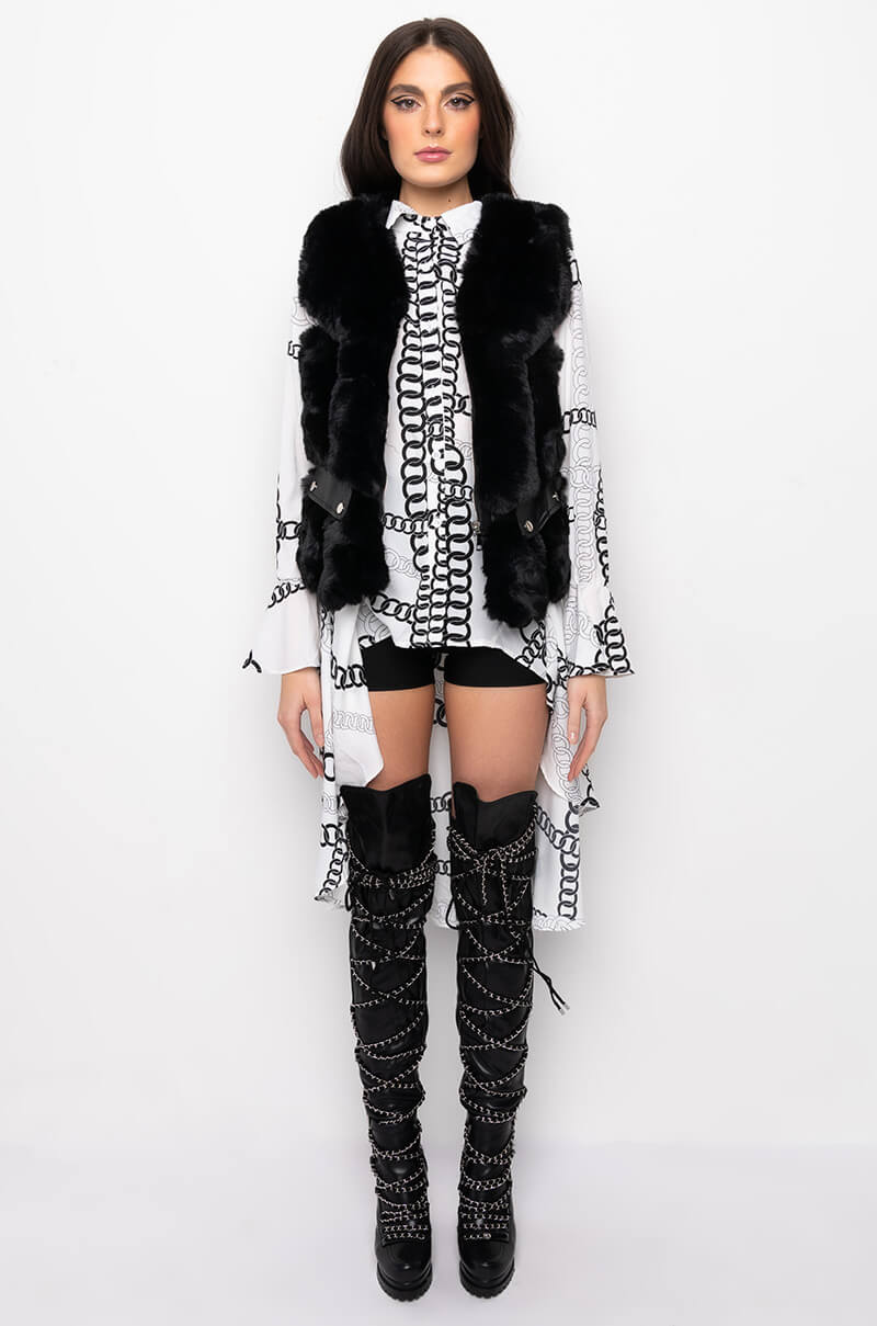 FAUX FUR VEST WITH MOTO TRIM