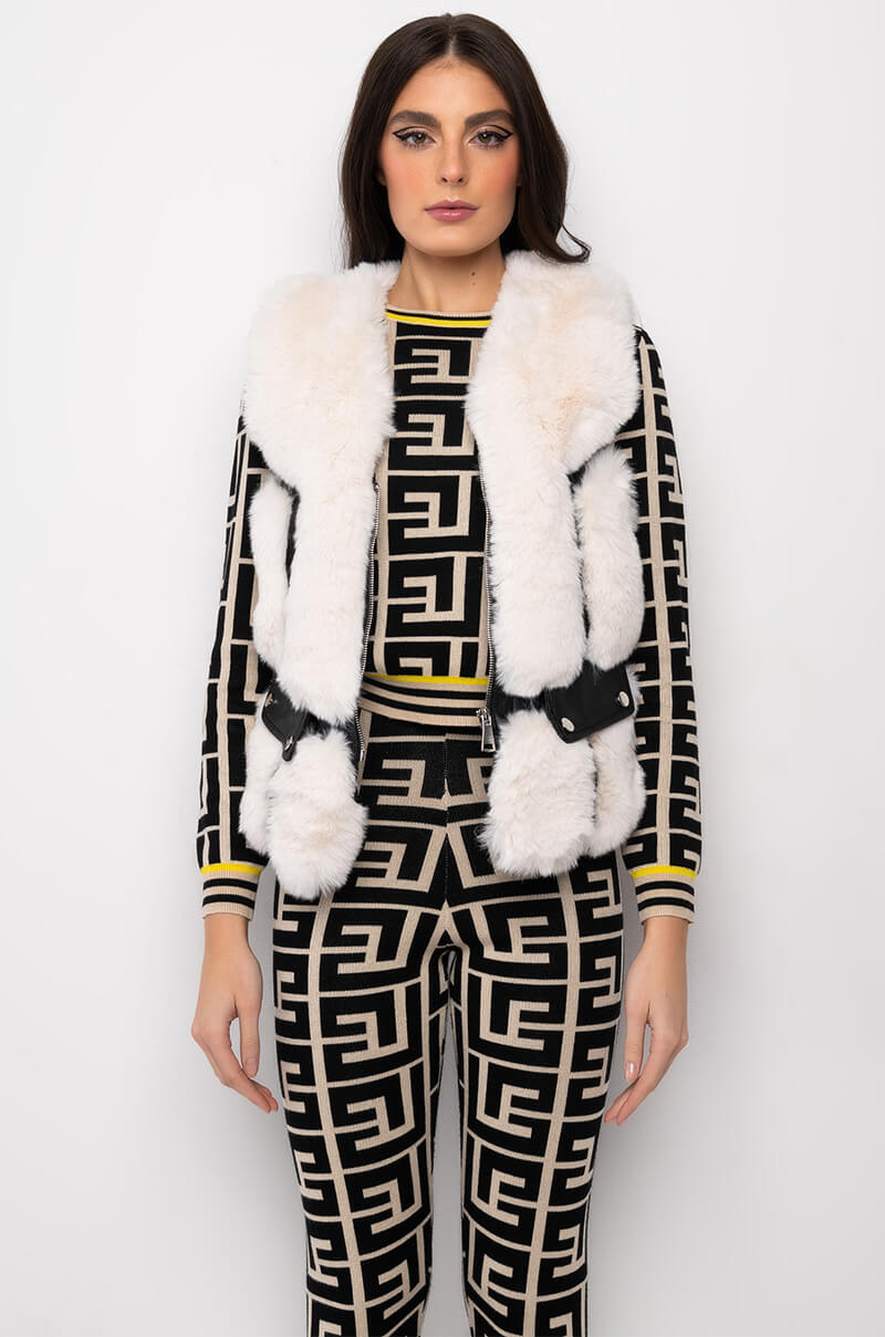 FAUX FUR VEST WITH MOTO TRIM