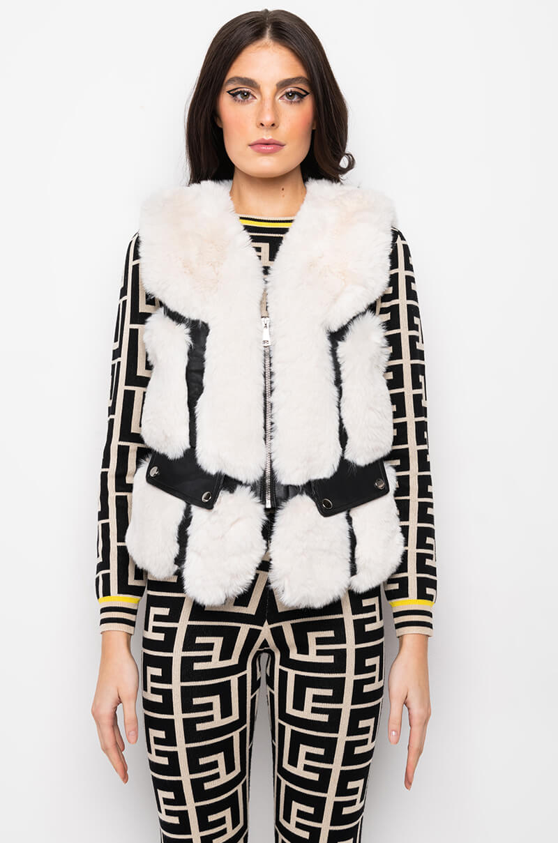 FAUX FUR VEST WITH MOTO TRIM