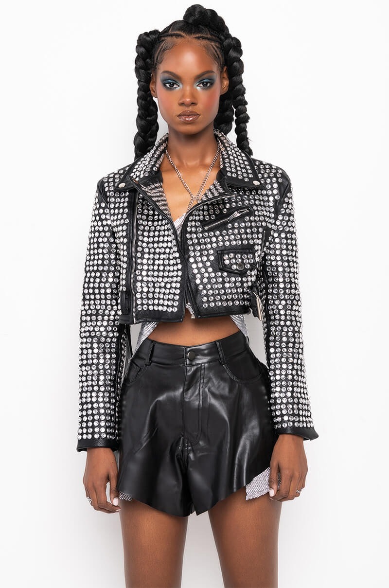 AZALEA WANG GAZETTE 3000 STUDS MOTO JACKET IN BLACK