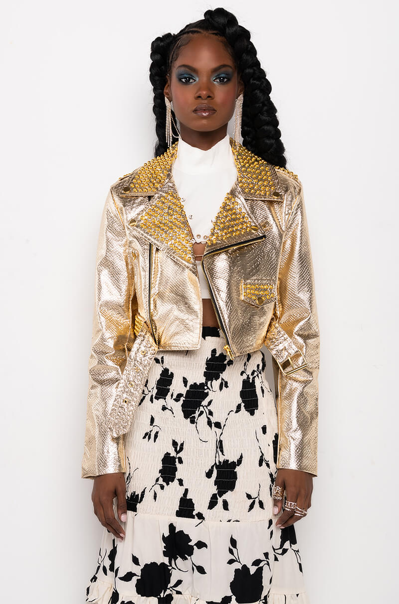 AZALEA WANG GOLD FINGER STUDDED MOTO JACKET