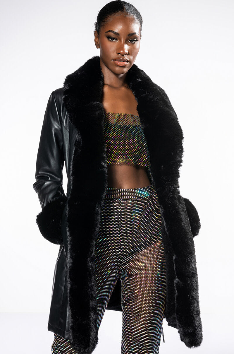GRAM GIRL PU DRESSY COAT WITH FAUX FUR COLLAR AND WRISTS