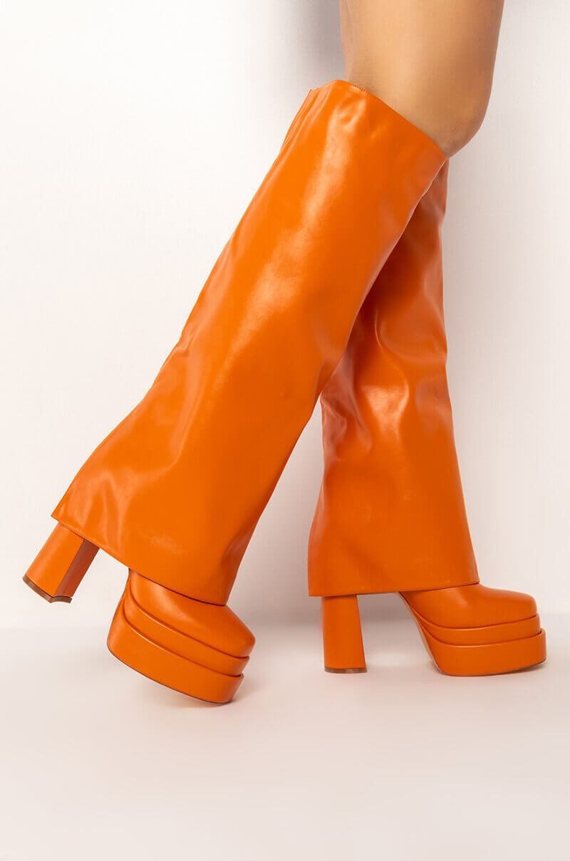 AZALEA WANG INVISIBLE KNEE HIGH FOLD OVER CHUNKY BOOT IN ORANGE