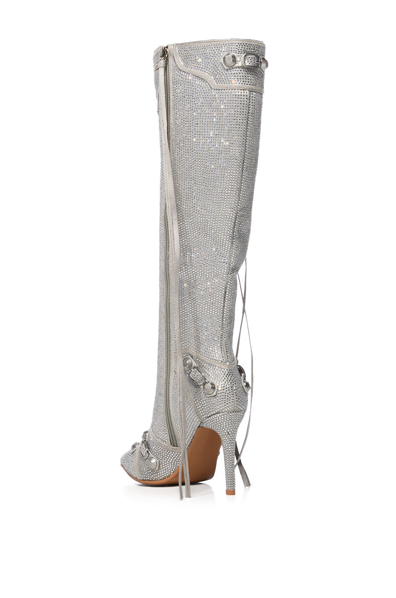 AZALEA WANG MAEVE STILETTO BOOT IN EMBELLISHED SILVER