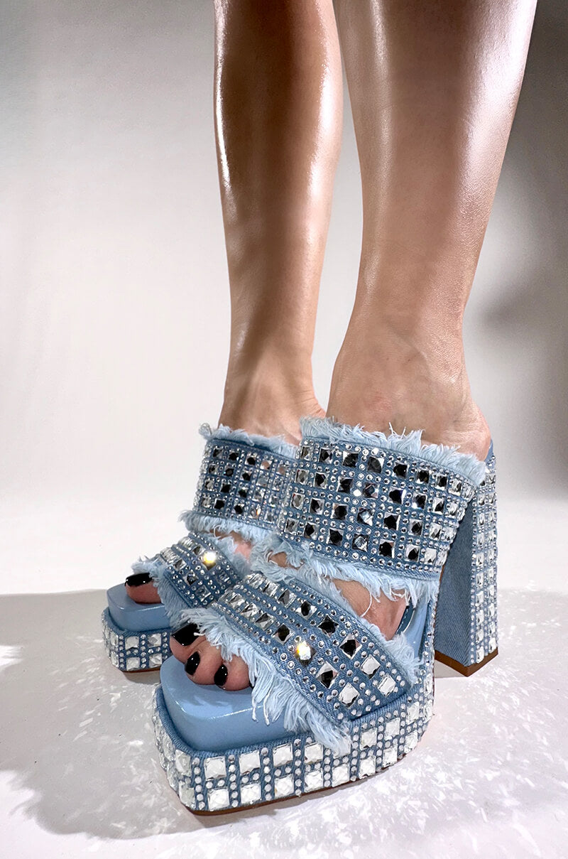 AZALEA WANG KOHANA EMBELLISHED CHUNKY DENIM SANDAL