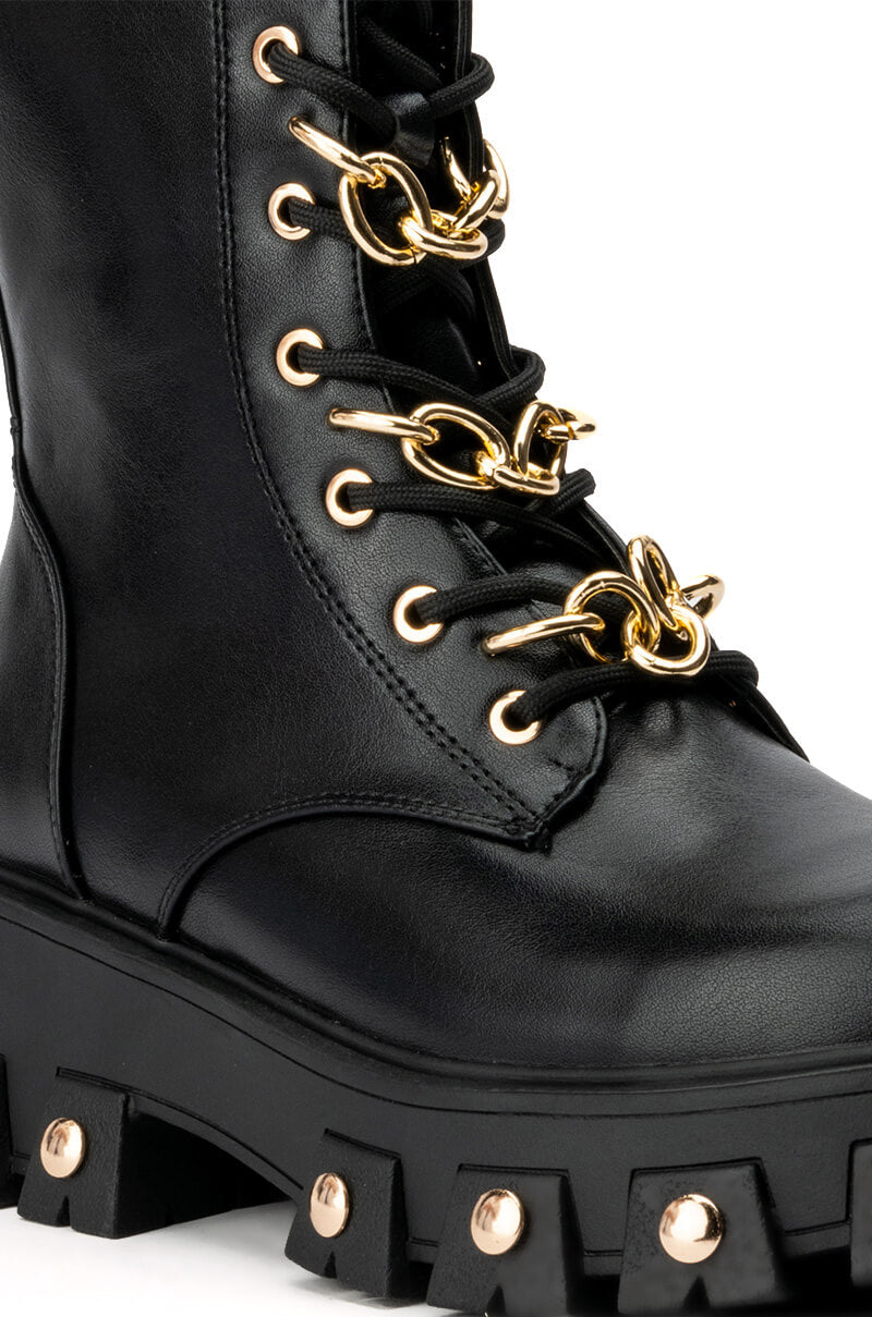 AZALEA WANG MARIE CHAIN LACE UP FLATFORM BOOTIE IN BLACK