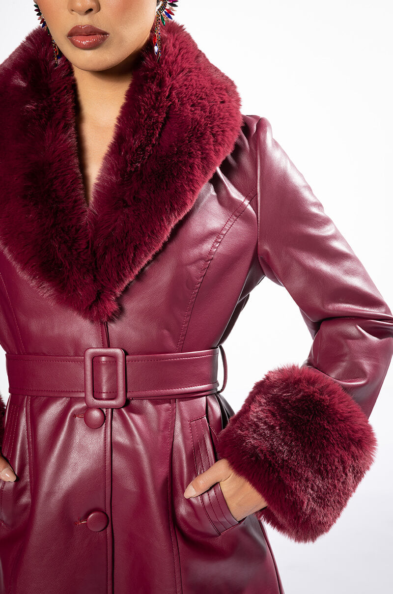 AZALEA WANG MARBOLO PU TRENCH WITH FAUX FUR TRIM