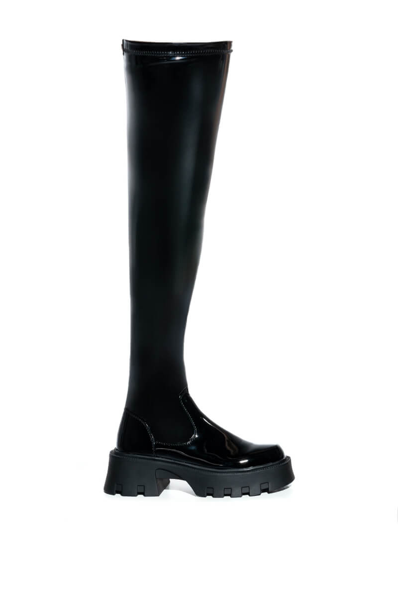 AZALEA WANG MILLY THIGH HIGH FLATFORM BOOT IN BLACK STRETCH